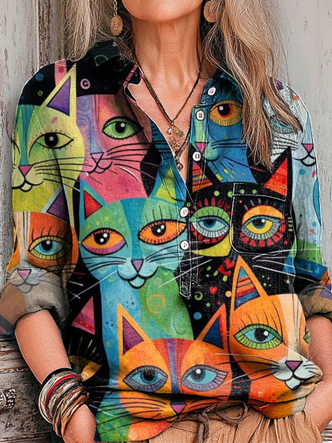 Women's Abstract Geometric Colorful Cat Head Painting Art Print Casual Cotton And Linen Shirt