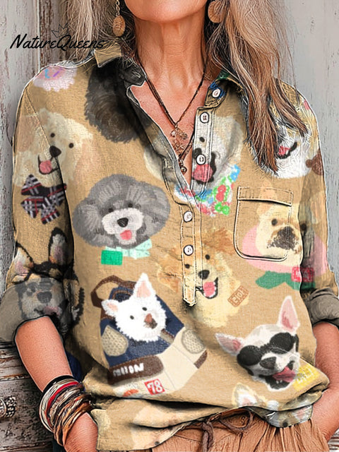 Women's Abstract Cute Colorful Puppy Head Painting Art Print Casual Cotton And Linen Shirt