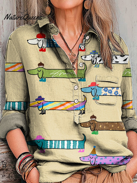 Women's Abstract Cute Colorful Dachshund Puppy Painting Art Print Casual Cotton And Linen Shirt