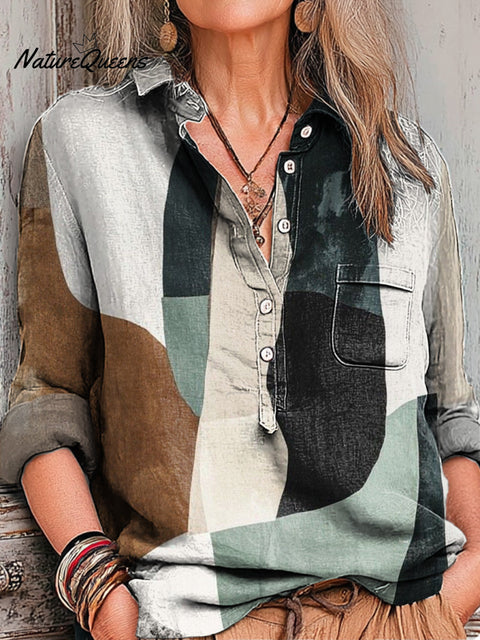 Women's Abstract Colorful Geometric Stripes Painting Art Print Casual Cotton And Linen Shirt