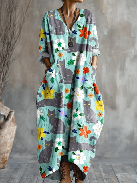 Women's Abstract Cute Cat Flower Painting Art Print Pocket V-neck Cotton Dress