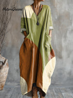 Women's Abstract Colorful Geometric Color Block Painting Art PrintPocket V-neck Cotton Dress