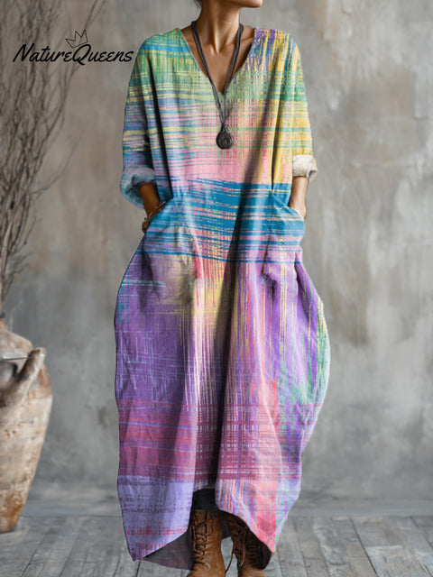 Women's Abstract Colorful Line Painting Art Print Pocket V-neck Cotton Dress