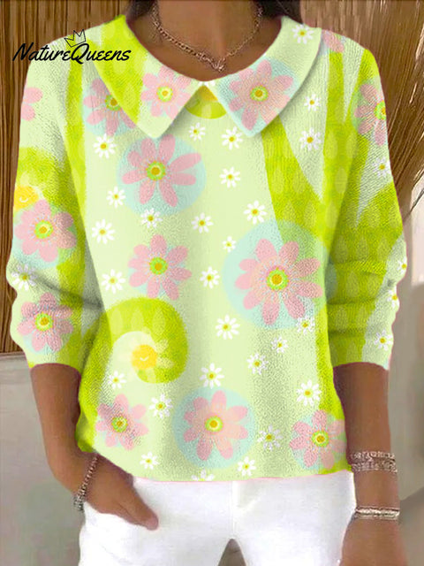 Women's Beautiful Flower And Vine Painting Art Print Casual Peter Pan Collar 3/4 Sleeve Sweater