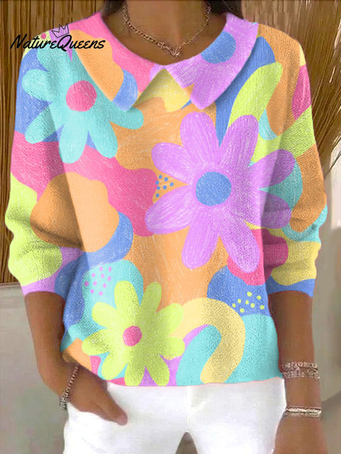 Women's Beautiful Colorful Flower Painting Art Print Casual Peter Pan Collar 3/4 Sleeve Sweater