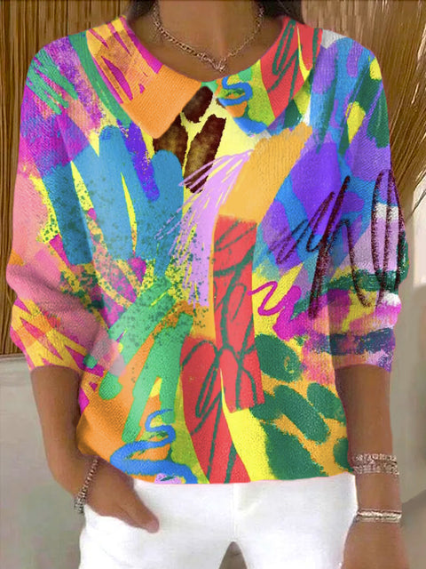 Women's Abstract Colorful Geometric Graffiti Painting Art Print Casual Peter Pan Collar 3/4 Sleeve Sweater