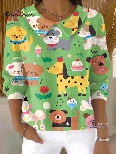 Women's Cute Colorful Dog Cake Painting Art Print Casual Peter Pan Collar 3/4 Sleeve Sweater