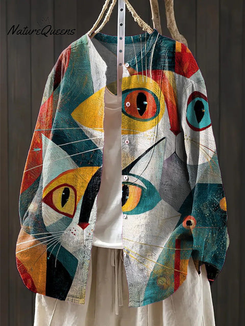 Women's Beautiful Colorful Geometric Cat Painting Art Print Casual Cotton And Linen Shirt