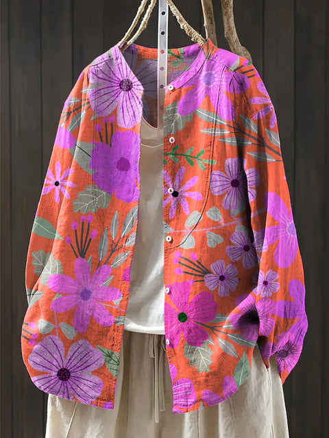 Women's Beautiful Large Bright Flower Painting Art Print Casual Cotton And Linen Shirt