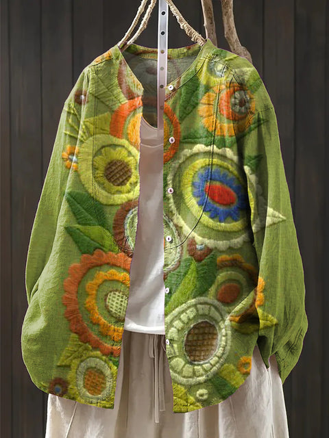 Women's Beautiful Abstract Floral Painting Art Print Casual Cotton And Linen Shirt
