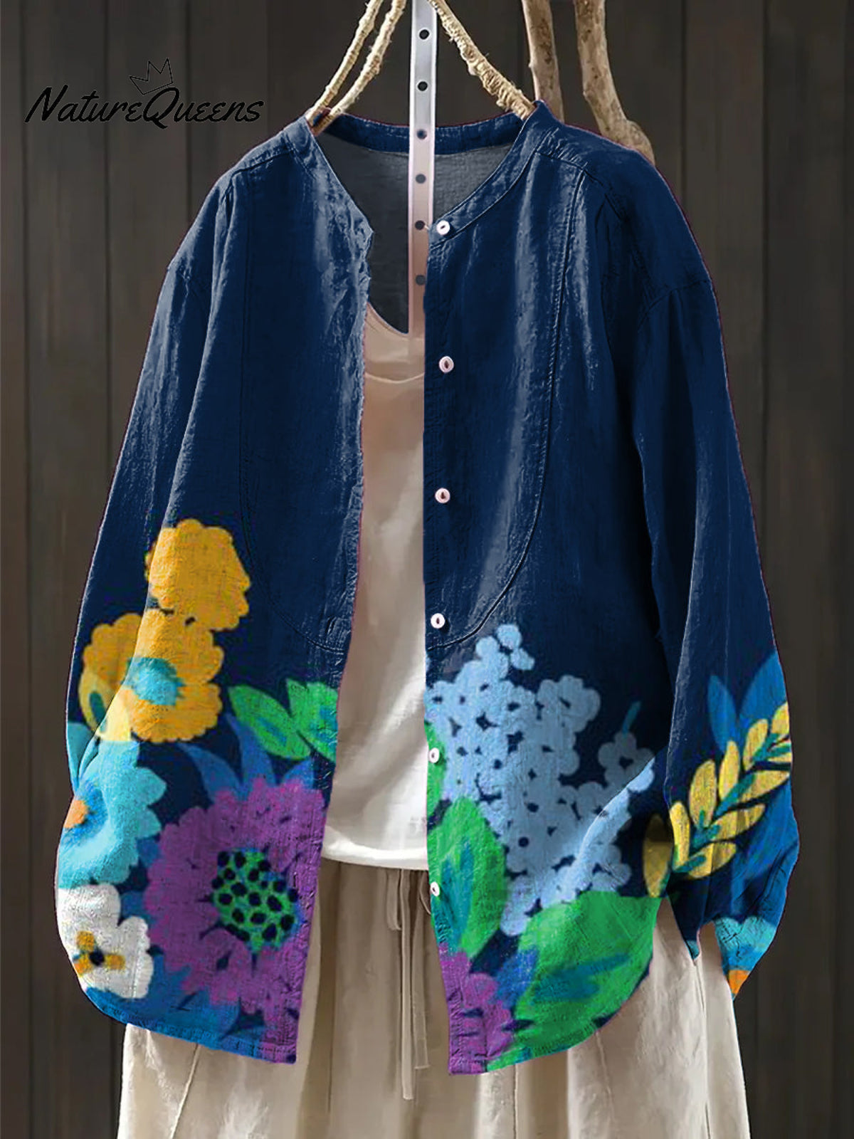 Women's Beautiful Abstract Floral Painting Art Print Casual Cotton And Linen Shirt