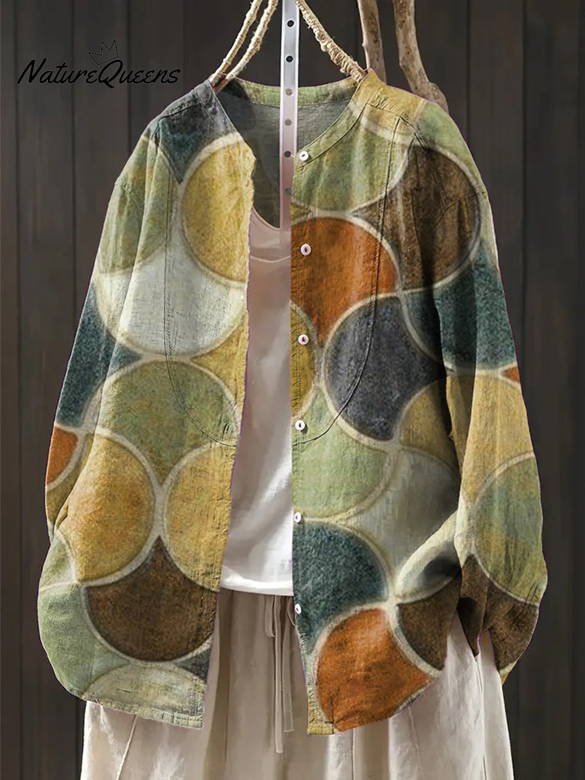 Women's Multicolor Abstract Scalloped Geometric Painting Art Print Casual Cotton And Linen Shirt