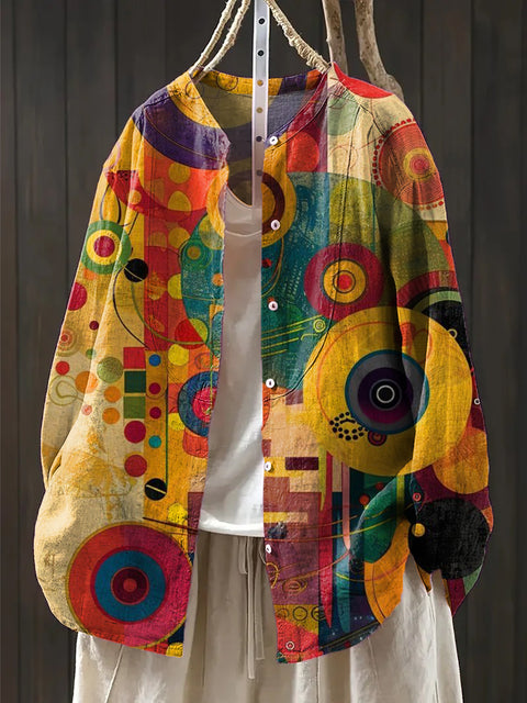 Women's Beautiful Abstract Colorful Circular Geometric Painting Art Print Casual Cotton And Linen Shirt