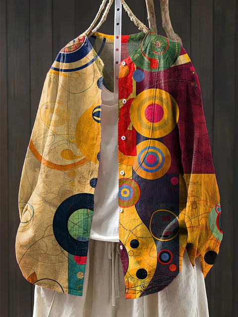 Women's Beautiful Abstract Colorful Circular Geometric Painting Art Print Casual Cotton And Linen Shirt