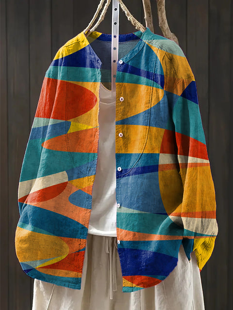Women's Beautiful Colorful Geometric Painting Art Print Casual Cotton And Linen Shirt