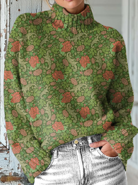 Beautiful Ethnic Floral Art Print Knit Turtleneck Pullover Sweater