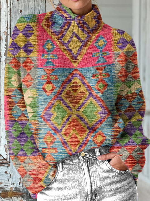 Beautiful Ethnic Rhombus Geometric Painting Art Print Knit Turtleneck Pullover Sweater