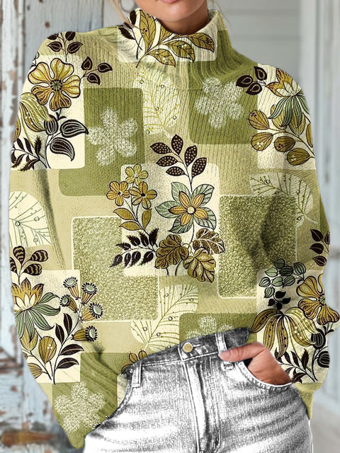 Beautiful Geometric Floral Painting Art Print Knit Turtleneck Pullover Sweater