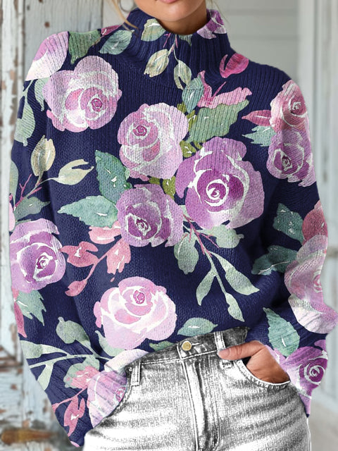 Beautiful Large Rose Flower Painting Art Print Knit Turtleneck Pullover Sweater