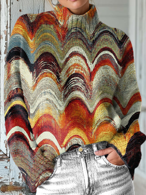 Abstract Colorful Wave Painting Art Print Knit Turtleneck Pullover Sweater