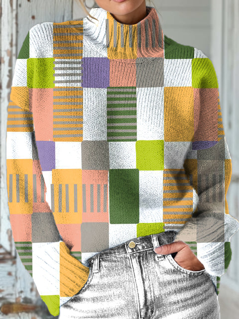 Abstract Colorful Geometric Plaid Painting Art Print Knit Turtleneck Pullover Sweater