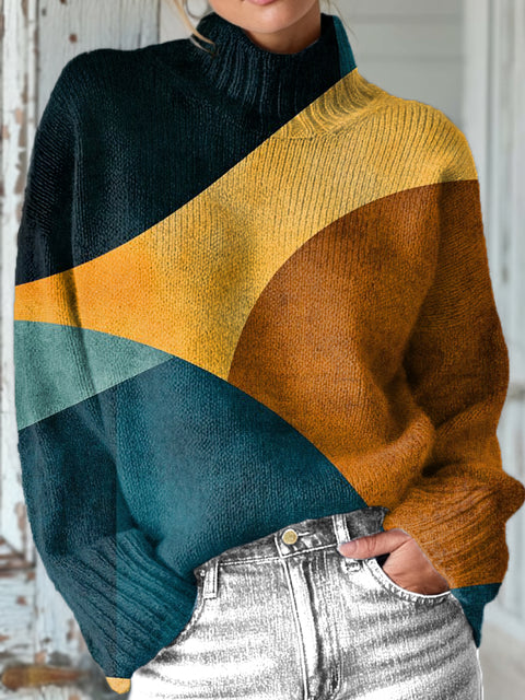 Abstract Geometric Color Block Painting Art Print Knit Turtleneck Pullover Sweater