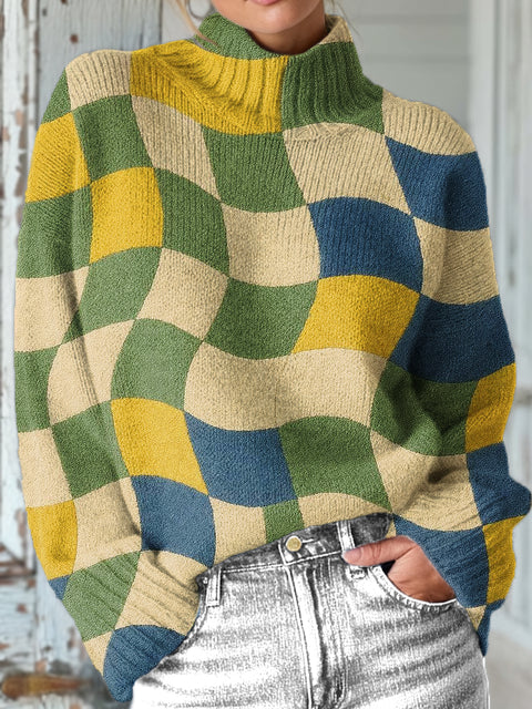 Abstract Geometric Checkered Painting Art Print Knit Turtleneck Pullover Sweater
