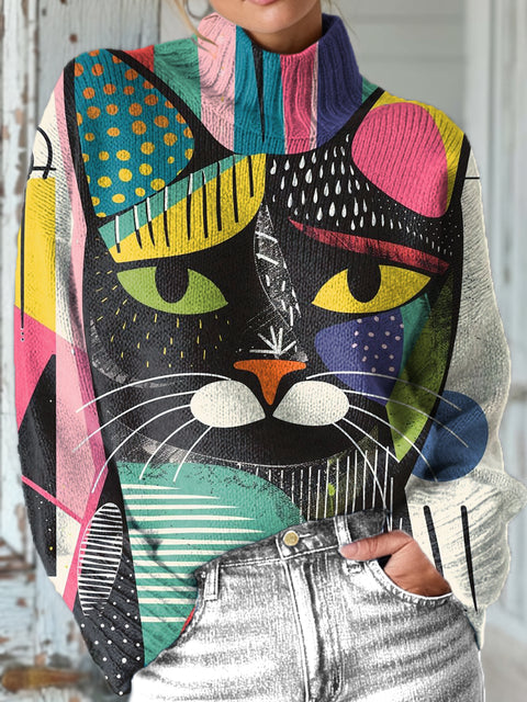 Abstract Geometric Colorful Cat Painting Art Print Knit Turtleneck Pullover Sweater