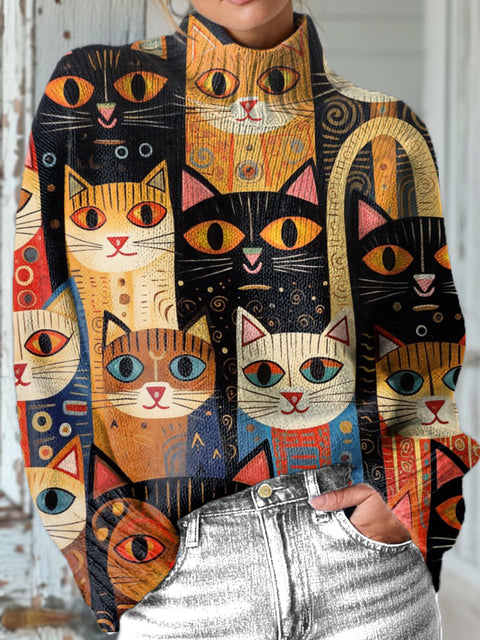 Abstract Geometric Colorful Cat Head Painting Art Print Knit Turtleneck Pullover Sweater