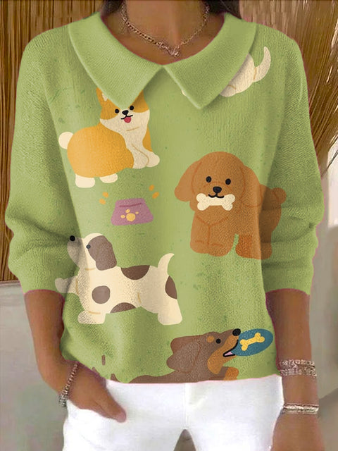 Women's Cute Puppy Drawing Art Print Casual Peter Pan Collar 3/4 Sleeve Sweater