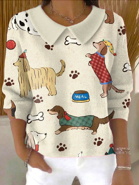 Women's Cute Puppy Drawing Art Print Casual Peter Pan Collar 3/4 Sleeve Sweater