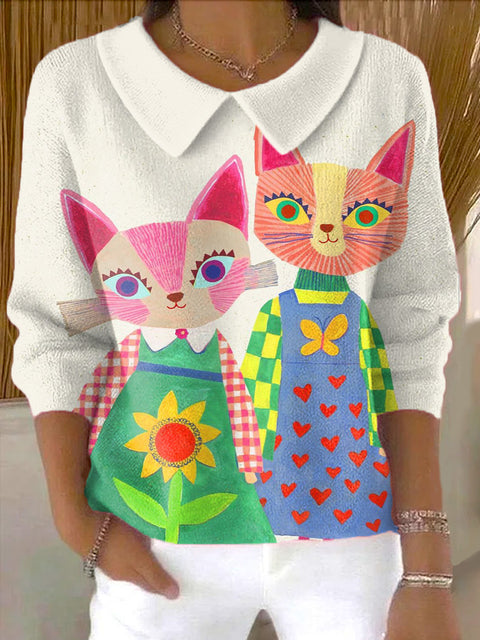 Women's Colorful Cute Cat Painting Art Print Casual Peter Pan Collar 3/4 Sleeve Sweater