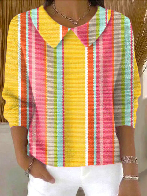 Women's Colorful Stripe Painting Art Print Casual Peter Pan Collar 3/4 Sleeve Sweater