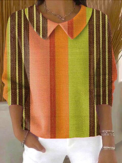 Women's Colorful Stripe Painting Art Print Casual Peter Pan Collar 3/4 Sleeve Sweater