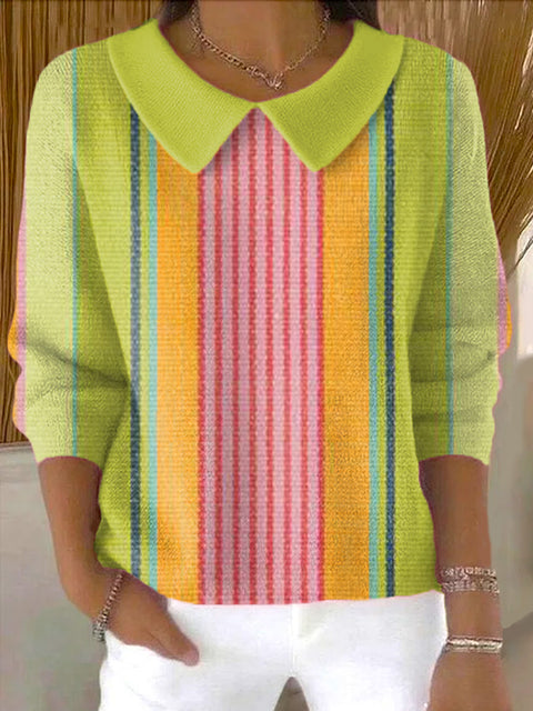 Women's Colorful Stripe Painting Art Print Casual Peter Pan Collar 3/4 Sleeve Sweater