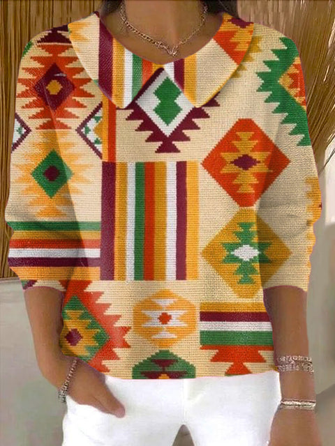 Women's Beautiful Colorful Rhombus Geometric Painting Art Print Casual Peter Pan Collar 3/4 Sleeve Sweater