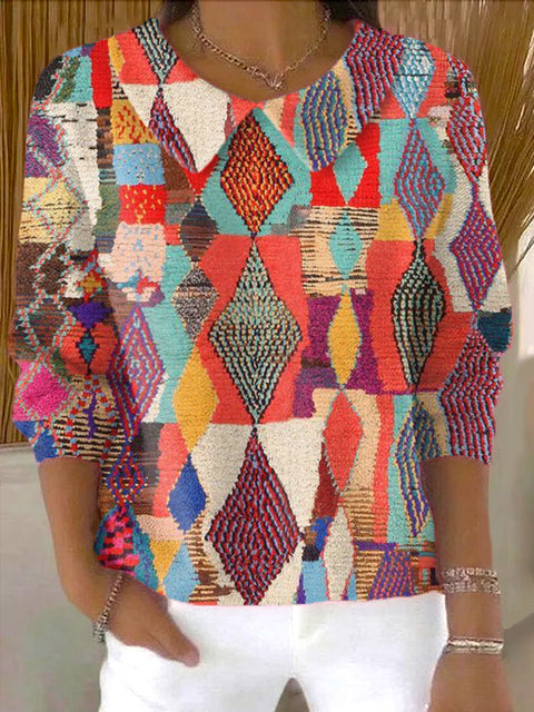 Women's Beautiful Colorful Rhombus Geometric Painting Art Print Casual Peter Pan Collar 3/4 Sleeve Sweater