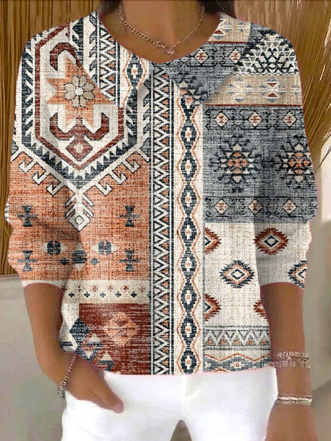 Women's Ethnic Diamond Geometric Painting Art Print Casual Peter Pan Collar 3/4 Sleeve Sweater