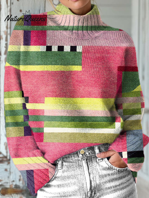 Beautiful Colorful Abstract Geometric Art Print Knit Turtleneck Pullover Sweater