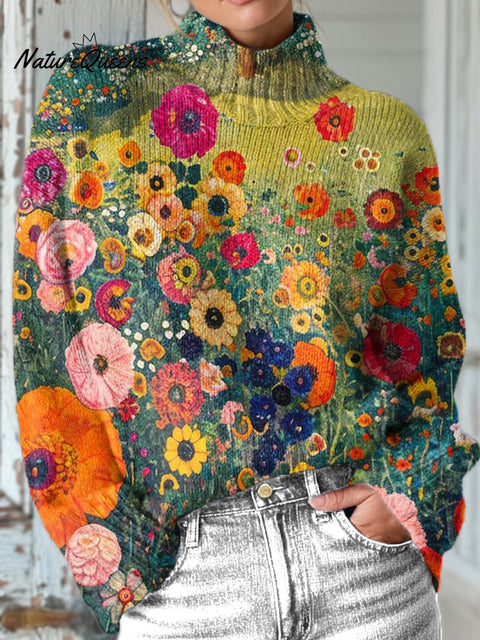 Beautiful Colorful Flower Field Painting Art Print Knit Turtleneck Pullover Sweater