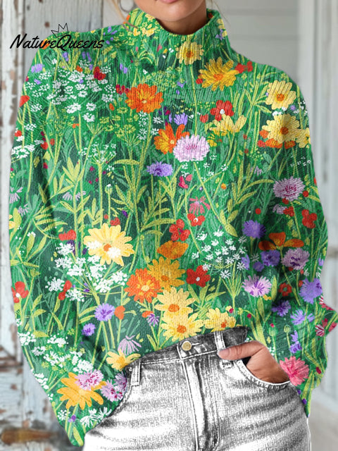Beautiful Colorful Flower Field Painting Art Print Knit Turtleneck Pullover Sweater