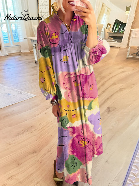 Women's Beautiful Colorful Large Flower Painting Art Print Dress