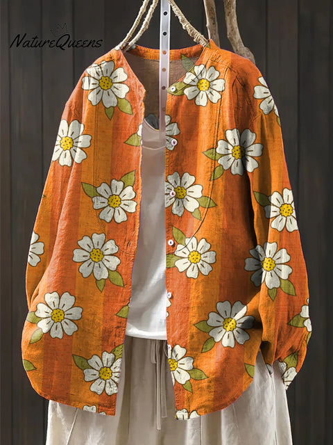 Women's Cute Floral Painting Art Print Casual Cotton And Linen Shirt