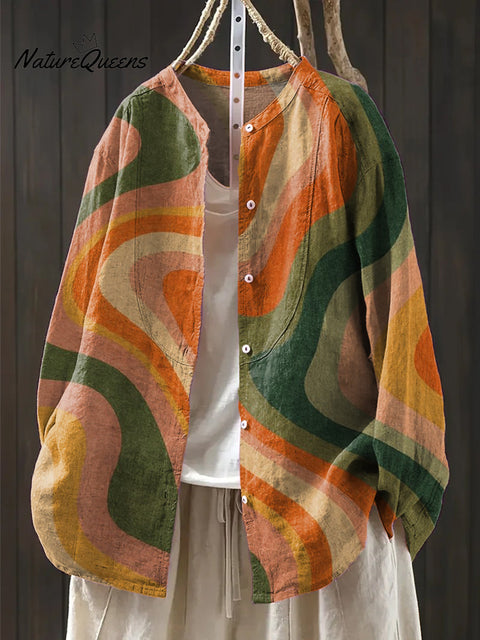 Women's Abstract Colorful Stripes Painting Art Print Casual Cotton And Linen Shirt