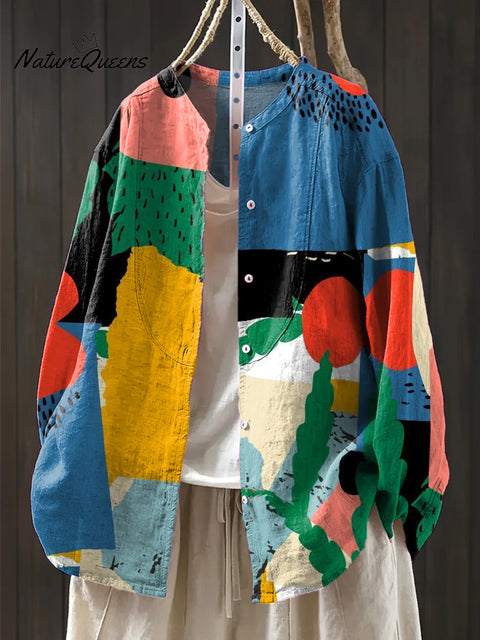 Women's Abstract Colorful Graffiti Painting Art Print Casual Cotton And Linen Shirt