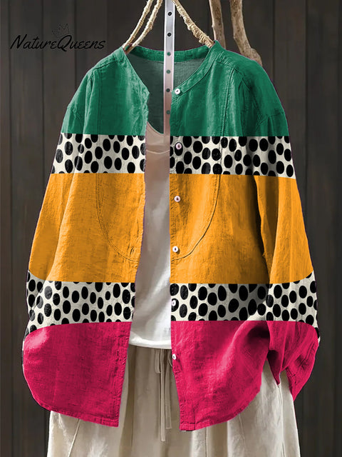 Women's Abstract Multicolor Stripe Polka Dot Painting Art Print Casual Cotton And Linen Shirt
