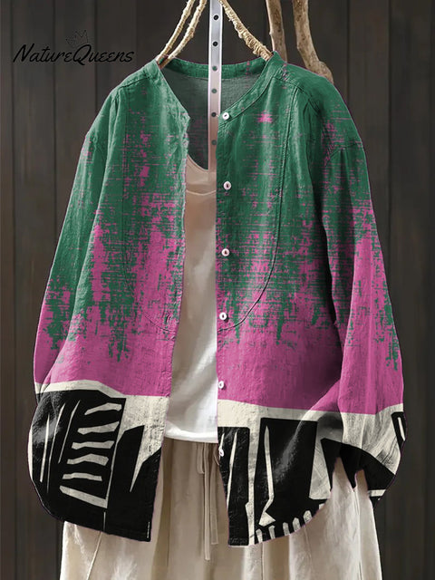 Women's Abstract Gradient Stripe Painting Art Print Casual Cotton And Linen Shirt