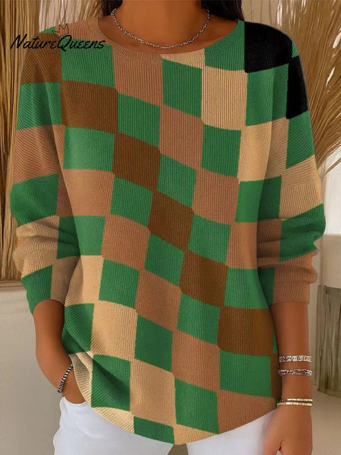 Women's Abstract Multicolor Plaid Painting Art Print Casual Pullover Sweater