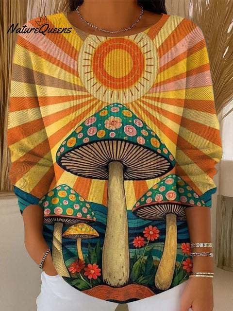 Women's Beautiful Sun Mushroom Illustration Art Print Casual Pullover Sweater