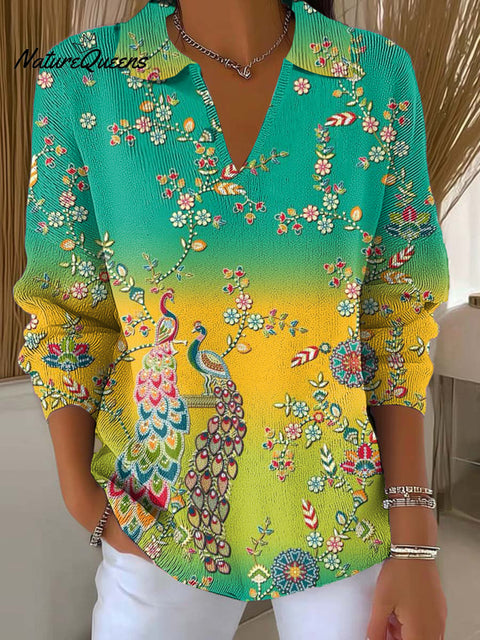 Women's Beautiful Gradient Flower And Bird Painting Art Print Casual Hooded Button Sweater
